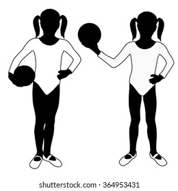 Children silhouettes. Girl playing with ball . Gymnast suit. Vector isolated on white background