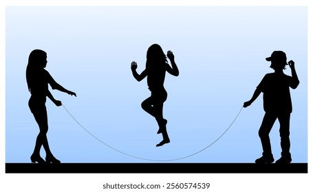 Children silhouettes, girls jumping rope. Vector illustration.	
