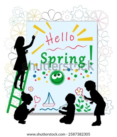 Children silhouettes. Hello, spring, boys and girls drawing. Vector illustration.	
