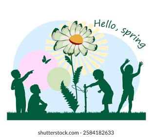 Children silhouettes. Hello, spring. Children playing in flower garden. Vector illustration.