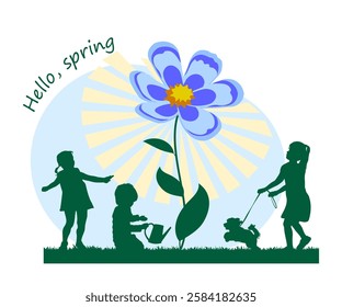 Children silhouettes. Hello, spring. Children playing in flower garden. Vector illustration.