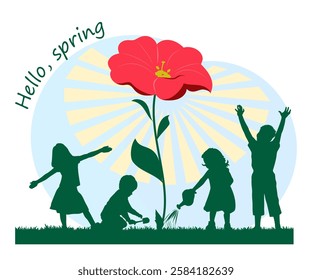 Children silhouettes. Hello, spring. Children playing in flower garden. Vector illustration.