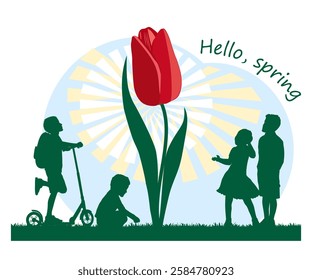 Children silhouettes. Hello, spring. Children playing in flower garden. Vector illustration.