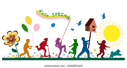 Children silhouettes. Hello, spring. Vector illustration.