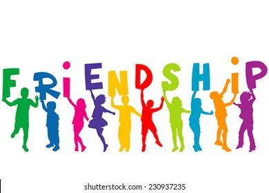 Children silhouettes holding letters with word FRIENDSHIP