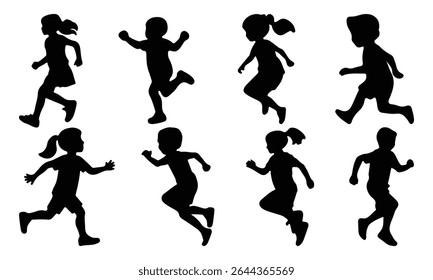 Children silhouettes. Joyful kids, little boys and girls silhouettes. Happy cheerful kids jumping for joy. Vector illustration