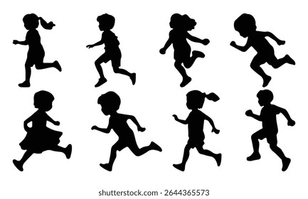 Children silhouettes. Joyful kids, little boys and girls silhouettes. Happy cheerful kids jumping for joy. Vector illustration
