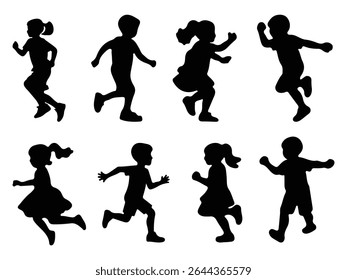 Children silhouettes. Joyful kids, little boys and girls silhouettes. Happy cheerful kids jumping for joy. Vector illustration
