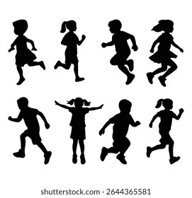 Children silhouettes. Joyful kids, little boys and girls silhouettes. Happy cheerful kids jumping for joy. Vector illustration