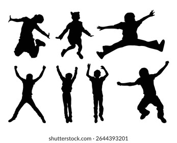 Children silhouettes. Joyful kids, little boys and girls silhouettes. Happy cheerful kids jumping for joy. Vector illustration