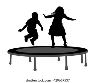 Children silhouettes jumping on garden trampoline vector illustration. Happy girl and boy jumping on trampoline.
