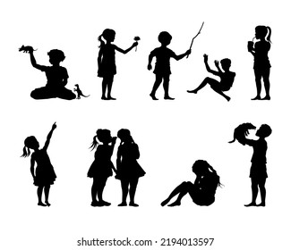 Children silhouettes. Kids poses collection. Isolated childhood scene. Young boys and girls life. Preschool lifestyle. Vector illustration