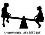 Children silhouettes. Little boy and girl swinging seesaw. Vector illustration.	