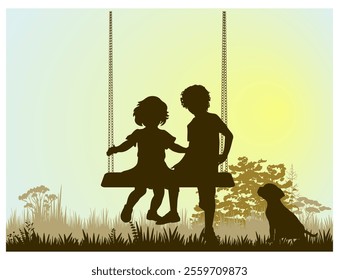 Children silhouettes. Little boy and girl swinging on a playground. Vector illustration.	
