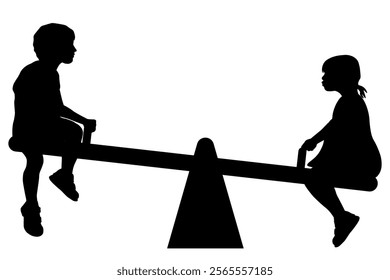 Children silhouettes. Little boy and girl swinging seesaw. Vector illustration.	