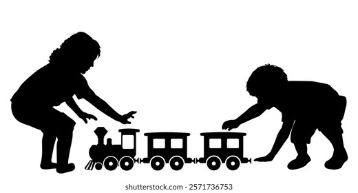 Children silhouettes. Little boy and girl playing with a toy train. Vector illustration.