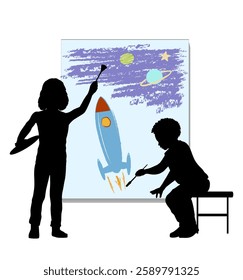 Children silhouettes. Little boy and girl draw pictures. Vector illustration.