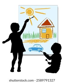 Children silhouettes. Little boy and girl draw pictures. Vector illustration.