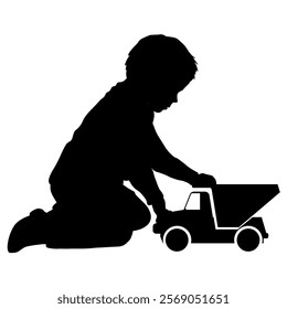 Children silhouettes. Little boy playing  with a toy car. Vector illustration.	