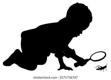 Children silhouettes. Little boy playing with a magnifying loupe. Vector illustration.	
