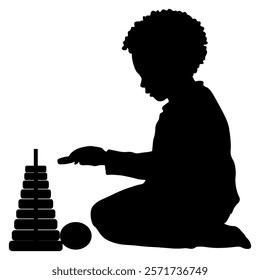 Children silhouettes. Little boy playing with a toy pyramid. Vector illustration.	