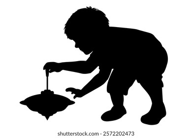 Children silhouettes. Little boy playing with a spinning top toy. Vector illustration.	