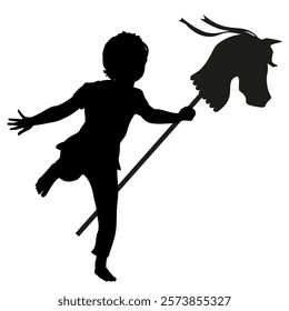 Children silhouettes. Little boy playing with a toy horse. Vector illustration.