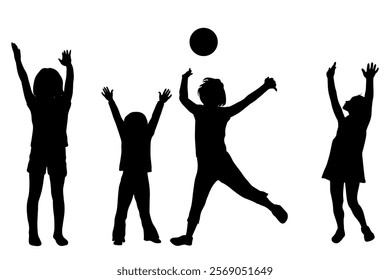 Children silhouettes. Little boys and girl playing with a ball. Vector illustration.	