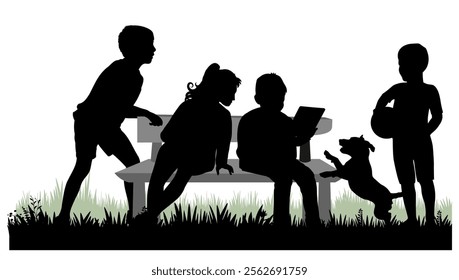 Children silhouettes. Little boys and girls playing on a park bench. Vector illustration.