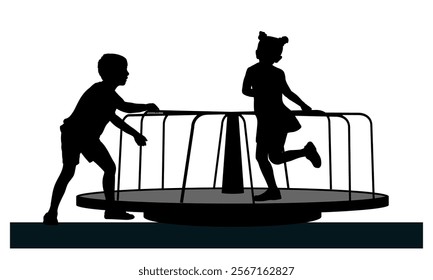 Children silhouettes. Little boys and girls playing on merry-go-round. Vector illustration.	
