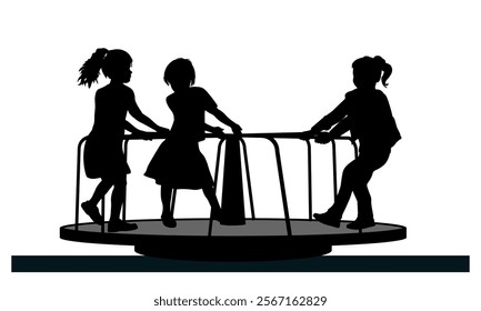 Children silhouettes. Little boys and girls playing on merry-go-round. Vector illustration.	
