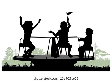 Children silhouettes. Little boys and girls playing on merry-go-round. Vector illustration.	