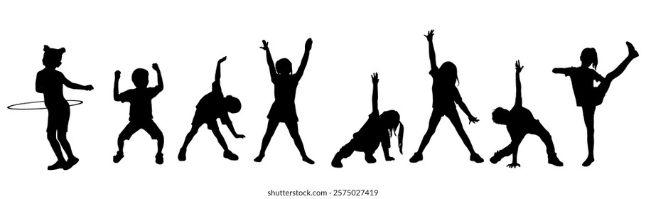 Children silhouettes. Little boys and girls does gymnastic exercises. Vector illustration.	