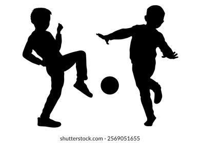 Children silhouettes. Little boys playing football. Vector illustration.