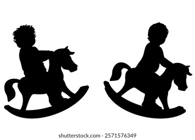 Children silhouettes. Little boys swinging on a toy horse. Vector illustration.	