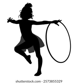 Children silhouettes. Little girl does gymnastic exercises with a hoop. Vector illustration.