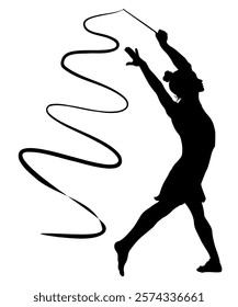 Children silhouettes. Little girl does gymnastic exercises with a ribbon. Vector illustration.	