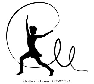 Children silhouettes. Little girl does gymnastic exercises with a ribbon. Vector illustration.	
