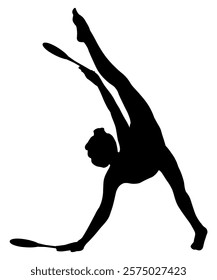 Children silhouettes. Little girl does gymnastic exercises with clubs. Vector illustration.	