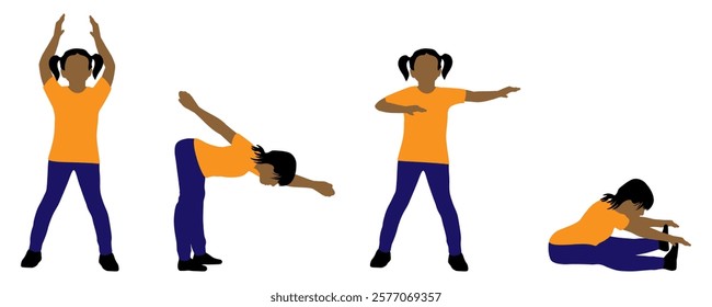 Children silhouettes. Little girl does gymnastic exercises. Vector illustration.