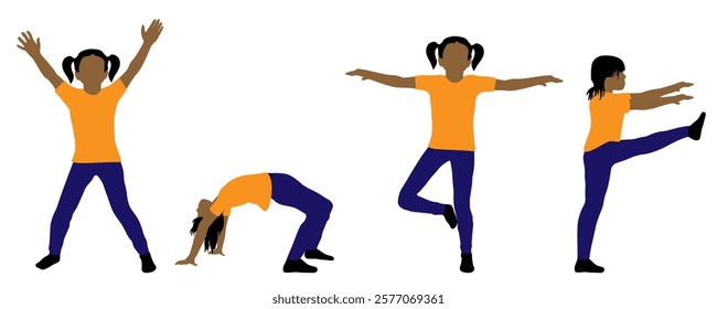 Children silhouettes. Little girl does gymnastic exercises. Vector illustration.