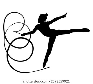 Children silhouettes. Little girl does gymnastic exercises with a ribbon. Vector illustration.	
