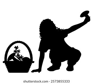 Children silhouettes. Little girl found mushrooms. Vector illustration.