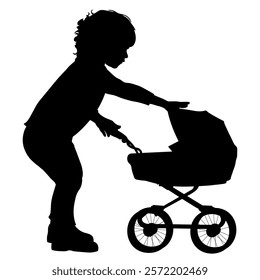 Children silhouettes. Little girl playing with a toy baby carriage. Vector illustration.	