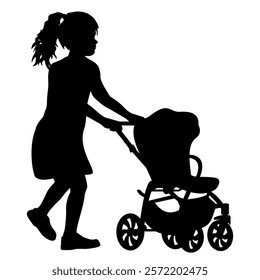 Children silhouettes. Little girl playing with a toy baby carriage. Vector illustration.	