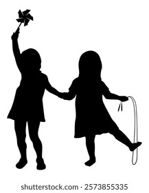 Children silhouettes. Little girls play with items . Vector illustration.	