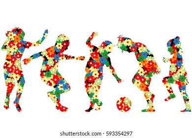 Children silhouettes made of  colorful flowers pattern