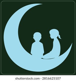 Children silhouettes on moon, imagination, childhood dreams, night sky, fantasy, peace, calm, serenity, love, joy.