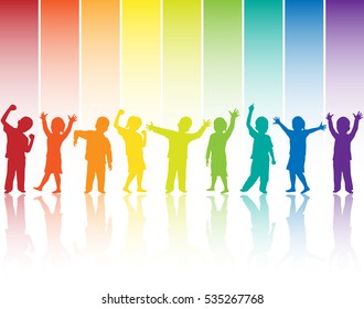 Children silhouettes on rainbow background