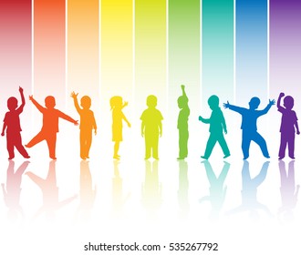 Children silhouettes on rainbow background